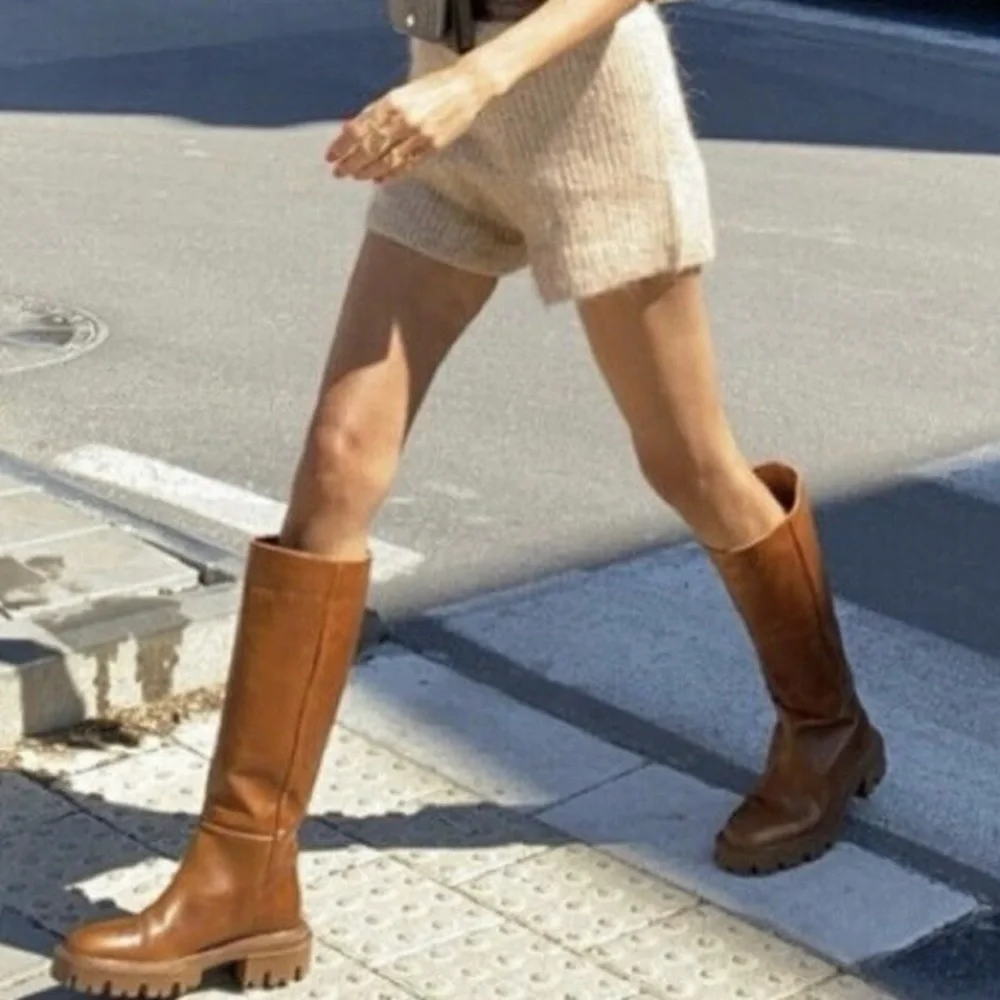 ZARA Flat Knee Brown Tall Leather Boots - Picture 10 of 16